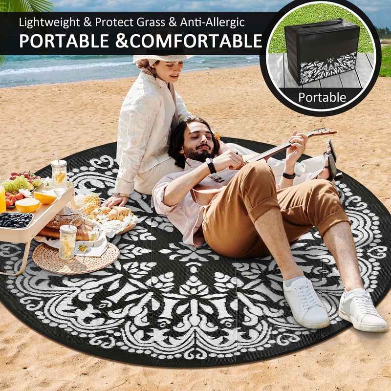 Aonewoe Round Outdoor Rugs 6Ft Waterproof Patio Plastic Straw Rug Reversible Camping Carpet Indoor Outdoor Area Rug for Patio,Deck,Balcony,Picnic,Beach,Outside