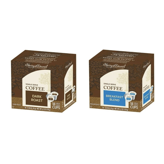 Harry & David Coffee Combo, Dark Roast, Breakfast Blend 2/18 ct boxes