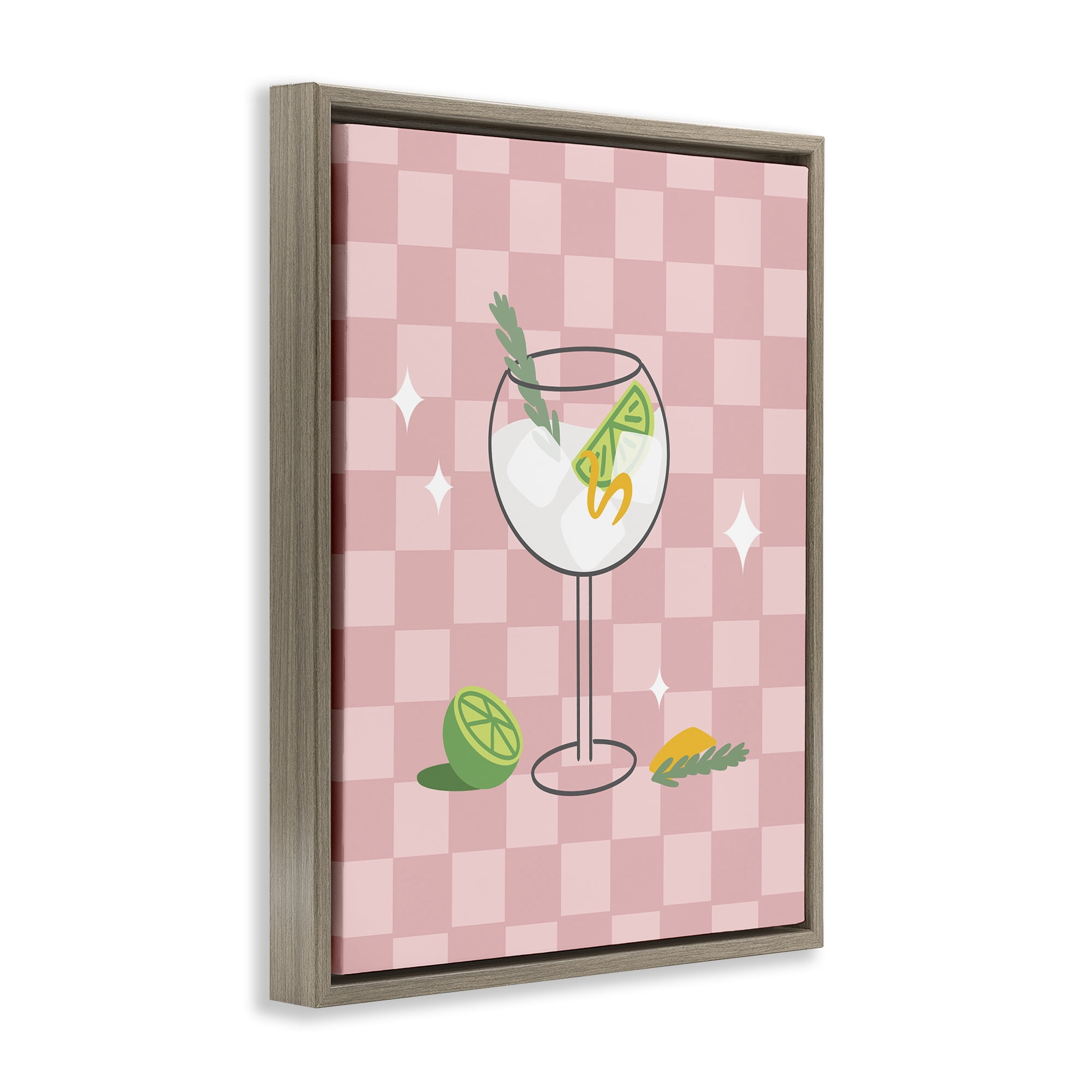 Stupell Industries Gin & Tonic on Checkered Food & Beverage Painting Brown Floater Framed Canvas Art Print Wall Art, 17 x 21