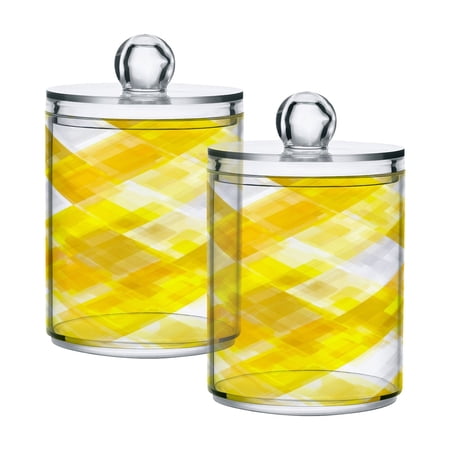 2 PCS Plastic Storage Canister Clear with Lids Airtight Cotton Swabs Cans Bathroom Jar Floss Organizer Yellow and White Checkered Squares
