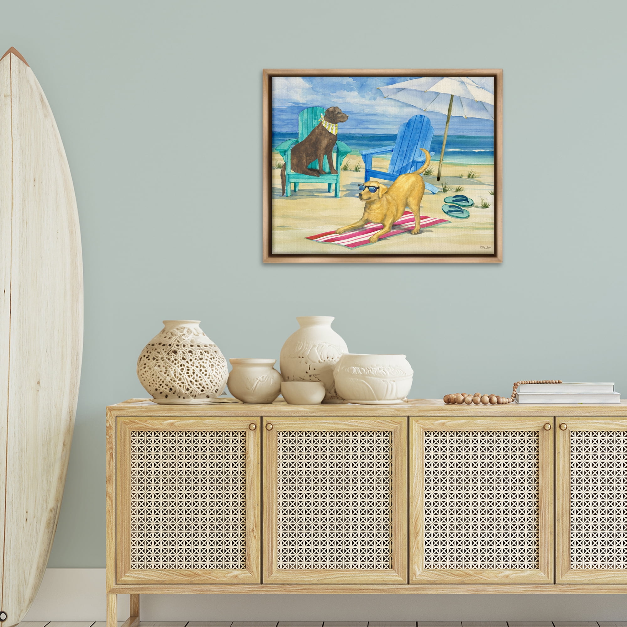 Stupell Industries Dogs on Beach Towel Animals & Insects Painting Brown Floater Framed Canvas Art Print Wall Art, 31 x 25