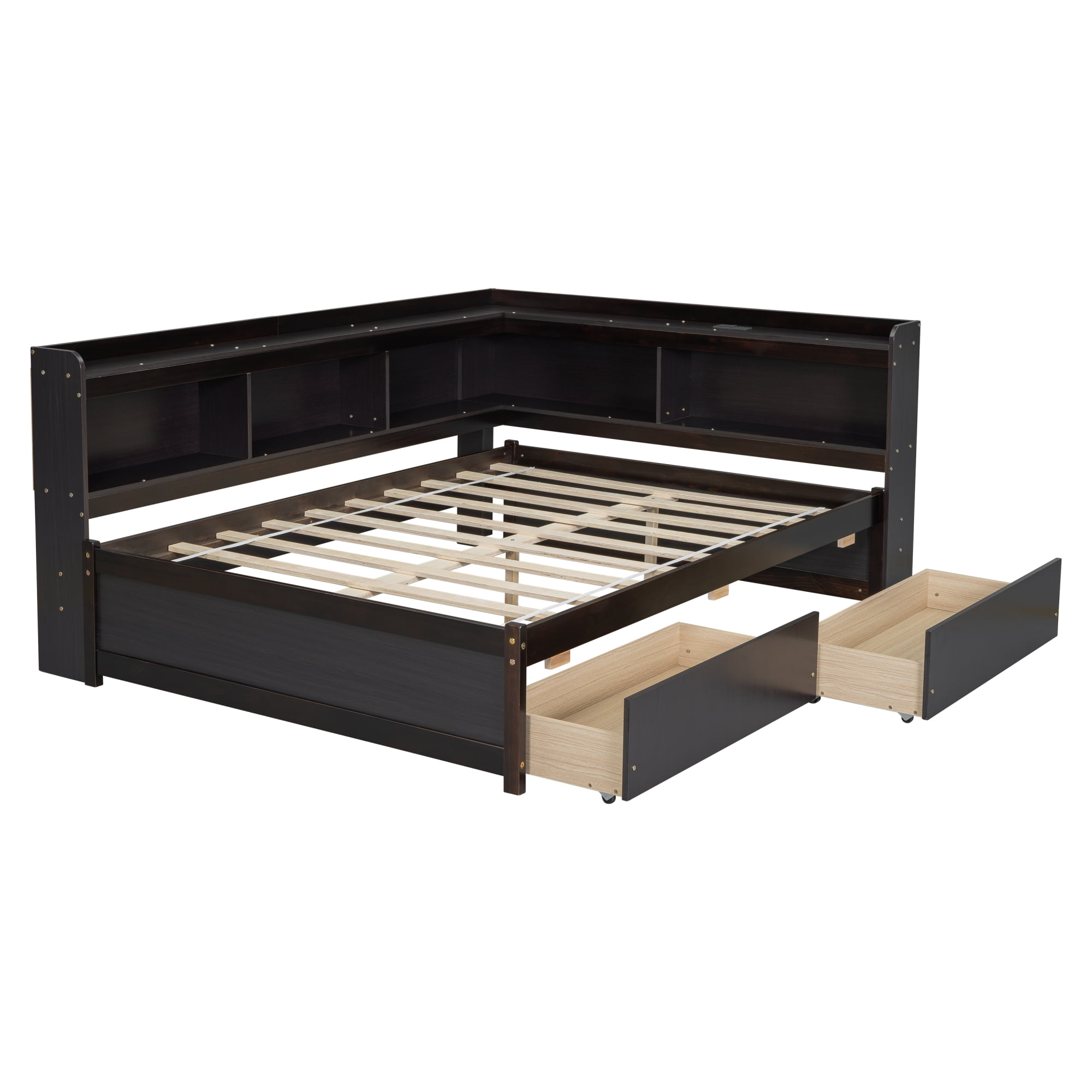 Leumius Full Size L-shaped Bookcases Bed with Power Outlets, USB Charging Ports,Two Drawers for Boys Girls Espresso