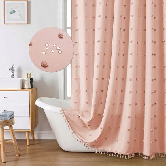 Pink Tufted Fabric Shower Curtain with Tassels, 72" W x 72" L, Farmhouse Boho Bathroom Decor