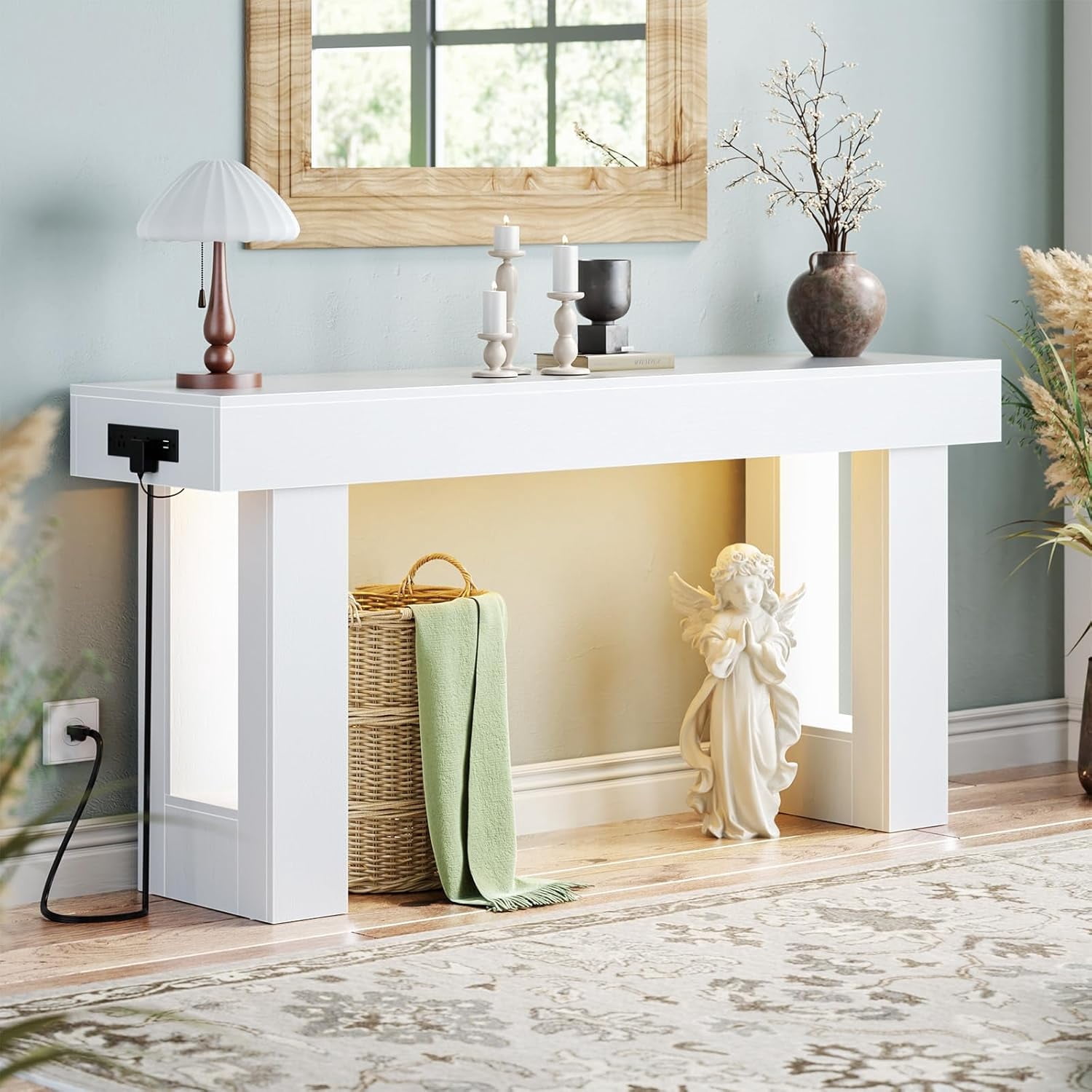Homieasy 63'' Farmhouse Console Table with Power Outlets and Sensor Light, Wooden Entryway Table Narrow End Table with Storage for Entrance, Hallway, Living Room, Bedroom, White