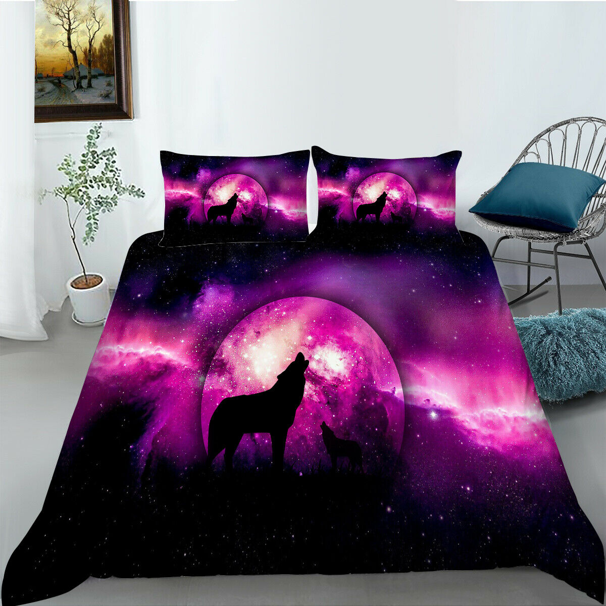 Bedding Cover Set Starry Sky And Wolf Printing Black And Pink Comforter