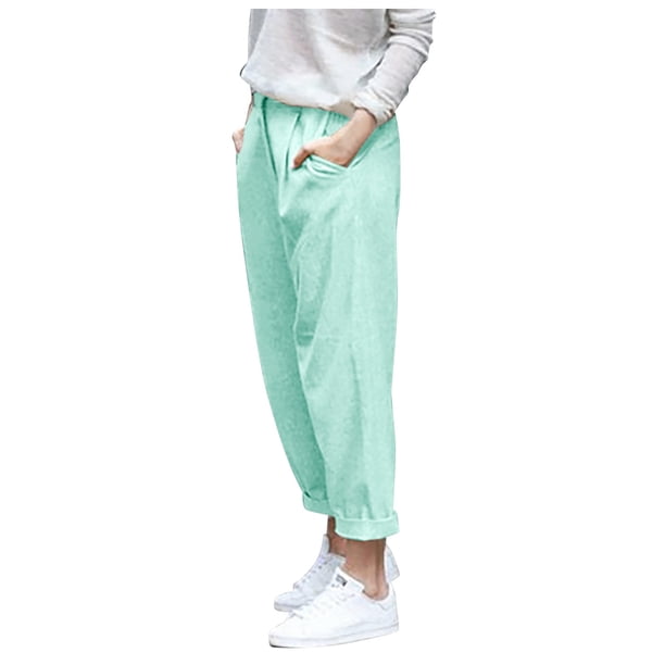 Pantalones de imitación de algodón y lino para mujer: pantalones holgados y finos de largo 9/10, poliéster, ropa informal de verano