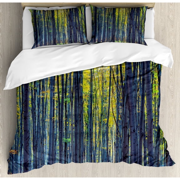 Fall Decorations Queen Size Duvet Cover Set, Beach Autumn Forest with Thin Deciduous Trees European Wilderness Image, Decorative 3 Piece Bedding Set with 2 Pillow Shams, Grey Green, by Ambesonne