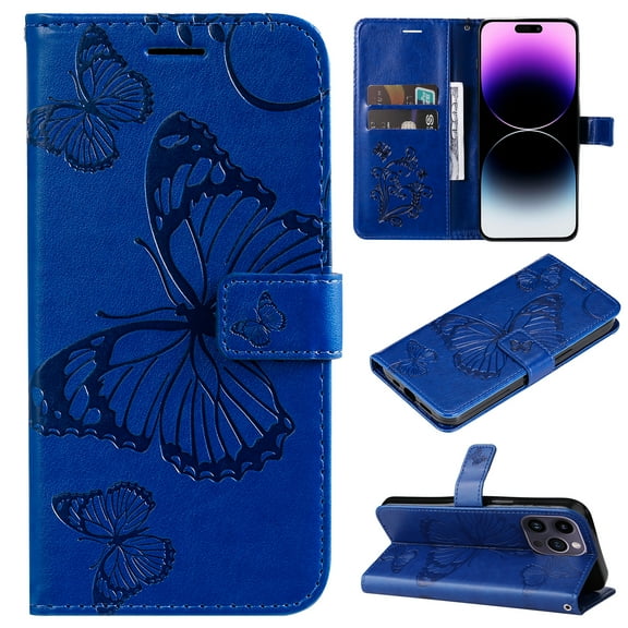 TECH CIRCLE For iPhone 15 Pro Max Wallet Case,Butterfly Embossed PU Leather Flip case Cover Stand Feature with Wrist Strap and Card Holder Protective Phone Case for Apple iPhone 15 Pro Max 2023,Blue