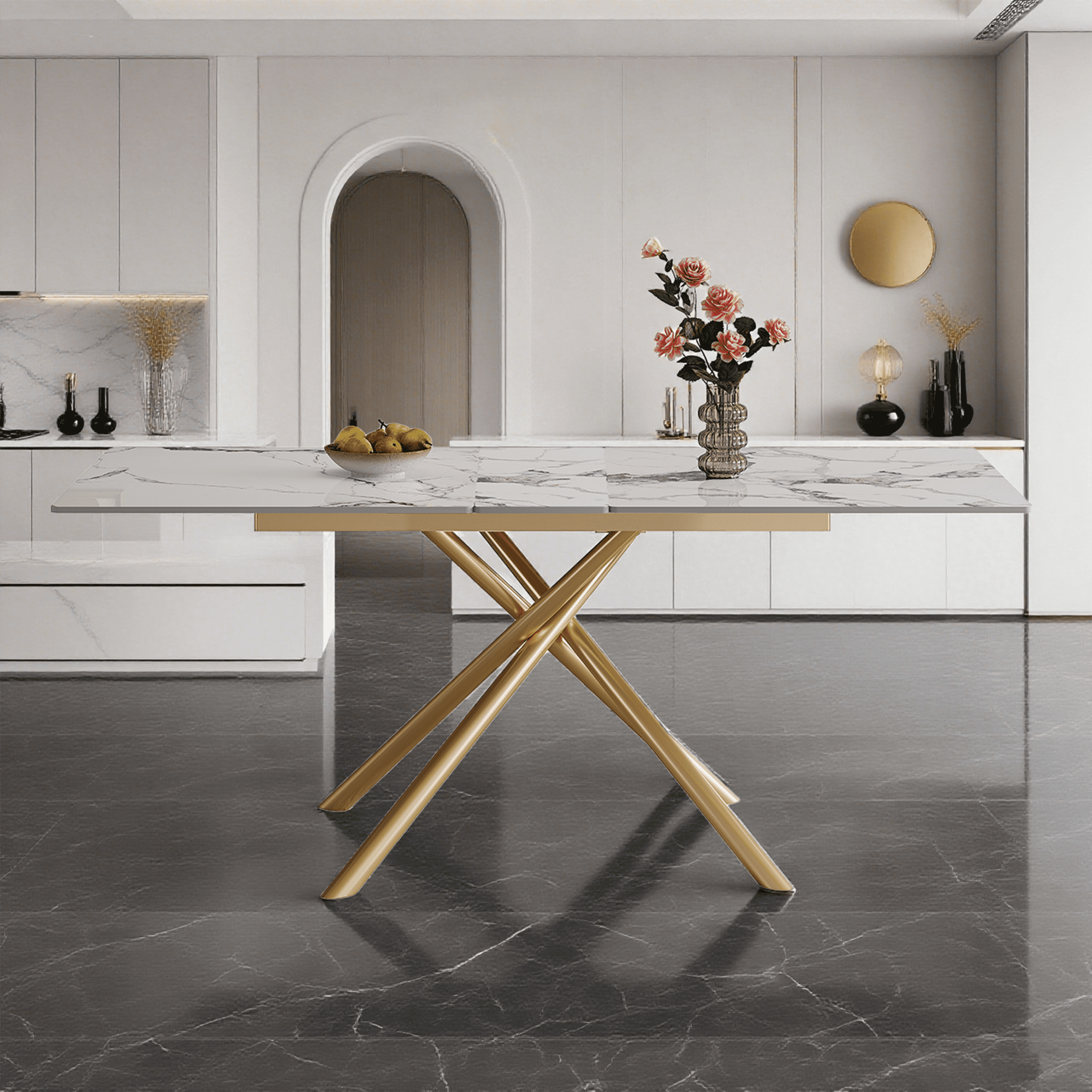 Montary 59-inch Modern Rectangle Expandable Dining Table with Retractable Leaf, Sintered Stone Top & Golden Carbon Steel X-Base, 4-6 Person Table for Small Apartments, Kitchen, Dining Room