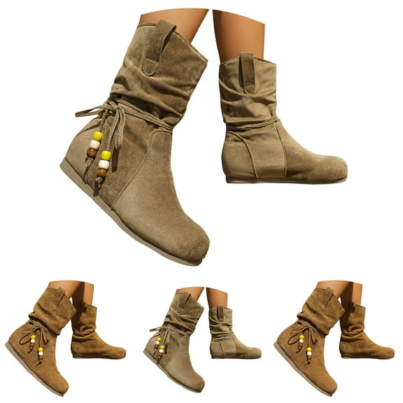 Dakaela Women's Slouchy Western Boots Round Toe Wide Calf Ankle Booties Hidden Wedge Motorcycle Riding Shoes Brown 6