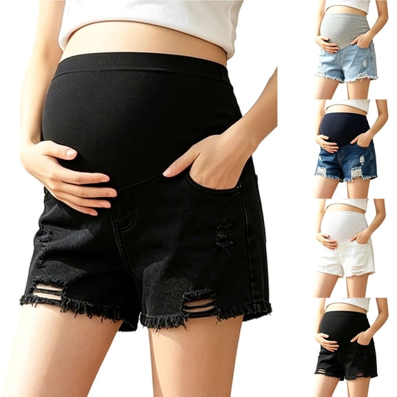 Admvng Maternity Denim Shorts Over Belly Ripped Pregnancy Jean Shorts
