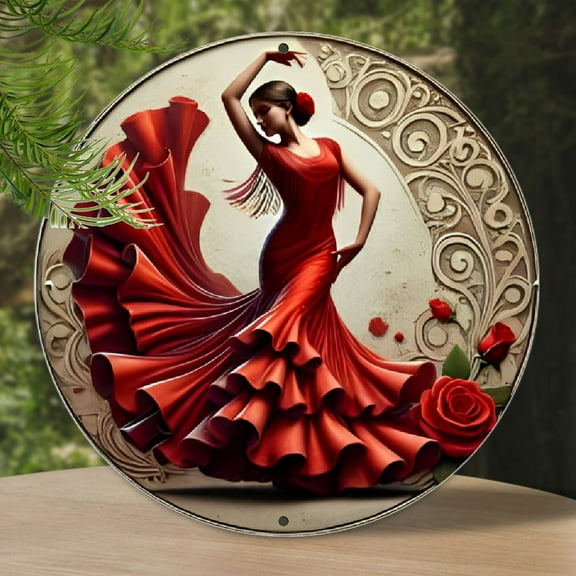 Flamenco Dancer Design 8x8 Inch Round Metal Sign, Aluminum Wall Art for Home and Office Decor, Ideal for Living Room, Bar, Café - 1pc