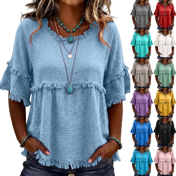 Nestiefly Womens Linen Tops Summer Casual Short Sleeve V Neck Shirts Fringe Retro Cotton Linen Blouses Raw Hem Beach Clothes Light Gray S