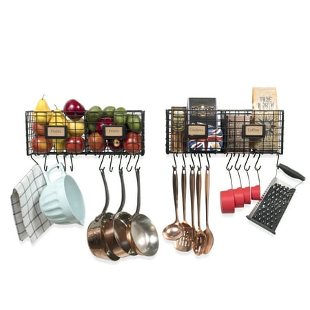 - Multi-Purpose Wall Mountable Hanging Kitchen Organizer Rack Durable Steel with 20 Hooks - Black - Set of 2