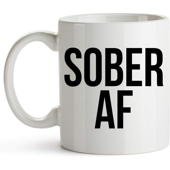 YouNique Designs Sober AF Coffee Mug, 11 Ounces, White, 1 Year Sobriety Gifts for Women and Men (White)