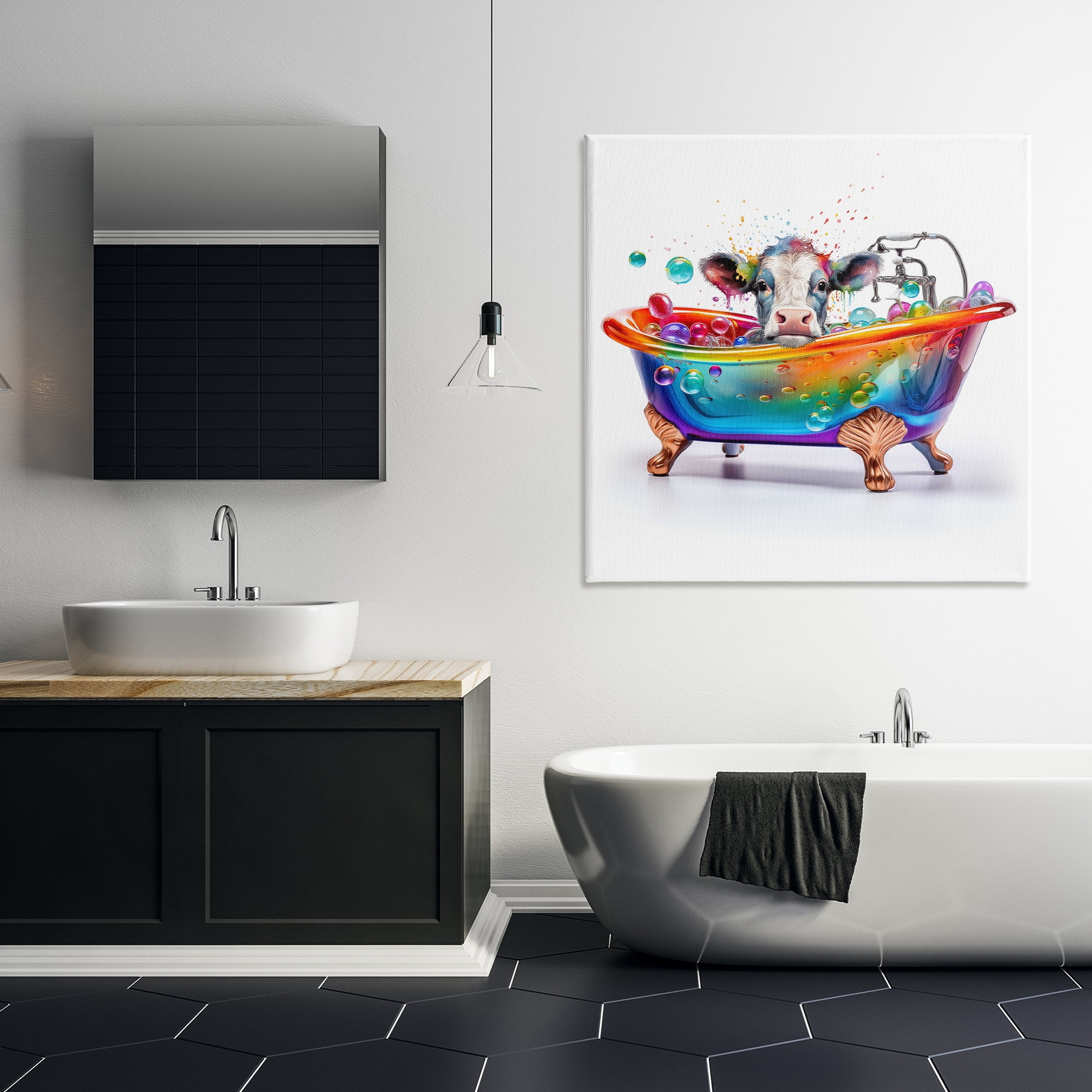Stupell Industries Cow in Rainbow Bath Typography Painting Gallery Wrapped Canvas Art Print Wall Art, 36 x 36
