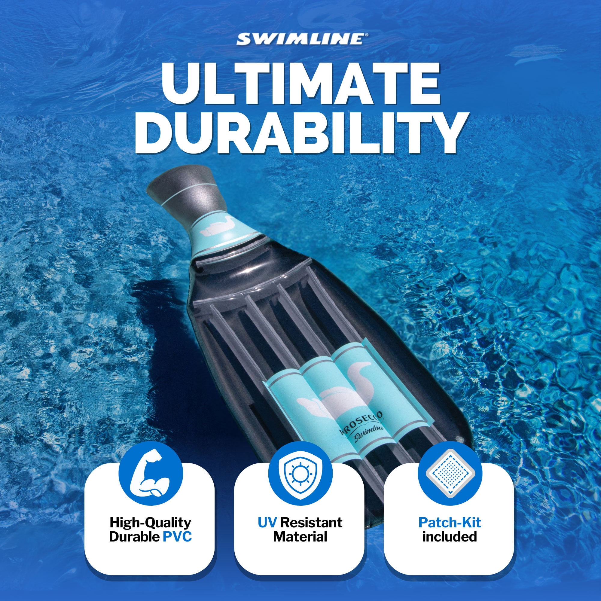 Swimline 90650 Giant 86" Inflatable Prosecco Bottle Pool Float or Lake Raft Lounger for 1 Person, Gray & Blue