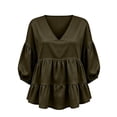 thumbnail image 6 of ClodeEU Women's V Neck Puff 3/4 Sleeve Tiered Ruffle Peplum Blouse,Loose Solid Babydoll Casual Top Army Green,Women's Plus L, 6 of 6