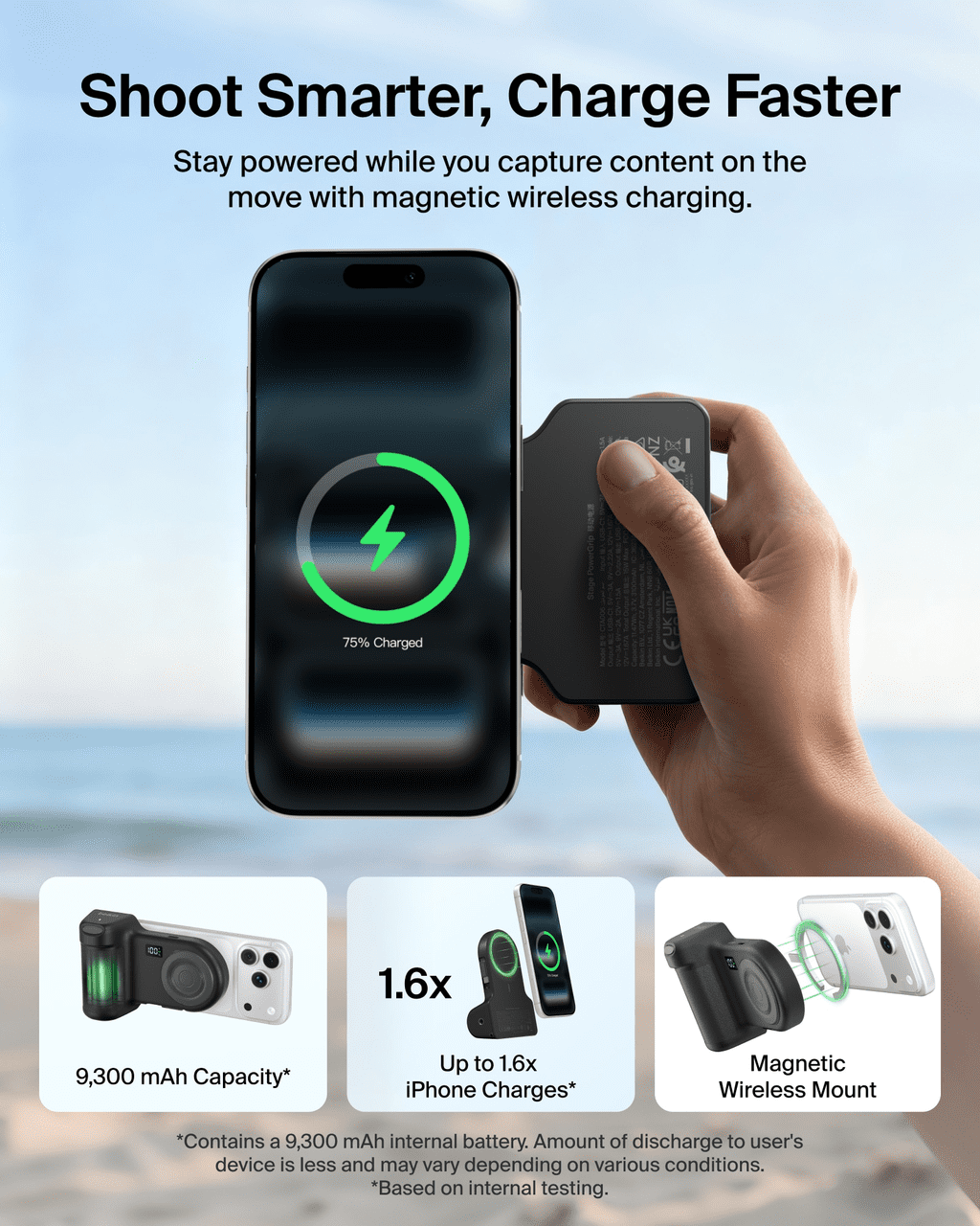 Belkin Magnetic Wireless Charging Camera Grip 9300mAh, Power Bank w/ Retractable USB C Cable, Bluetooth Connection, Tripod Attachment, LCD Screen, Ergonomic, Portable Charger for iPhone & Smartphones