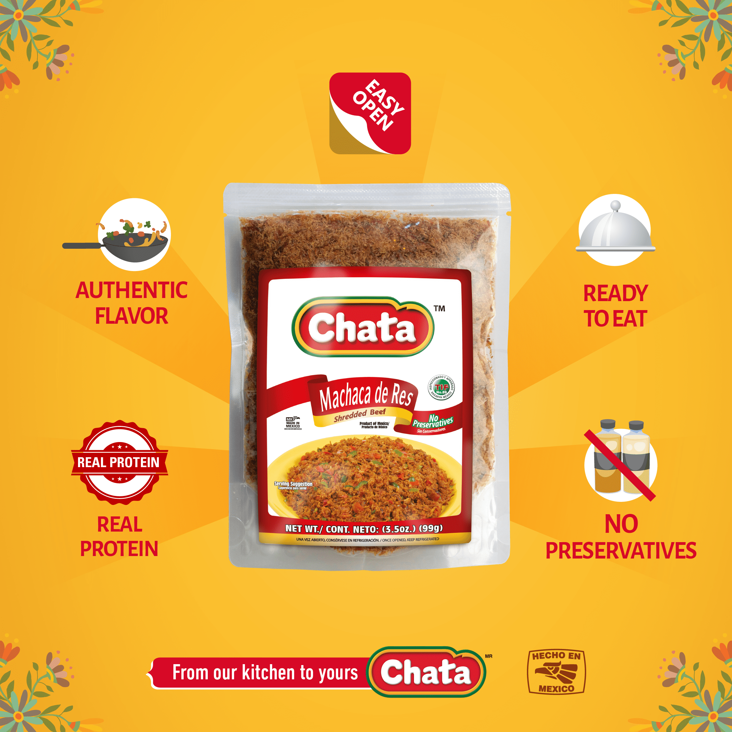 Chata Shredded Beef Machaca Pouch, 3.5 oz, Pack of 2