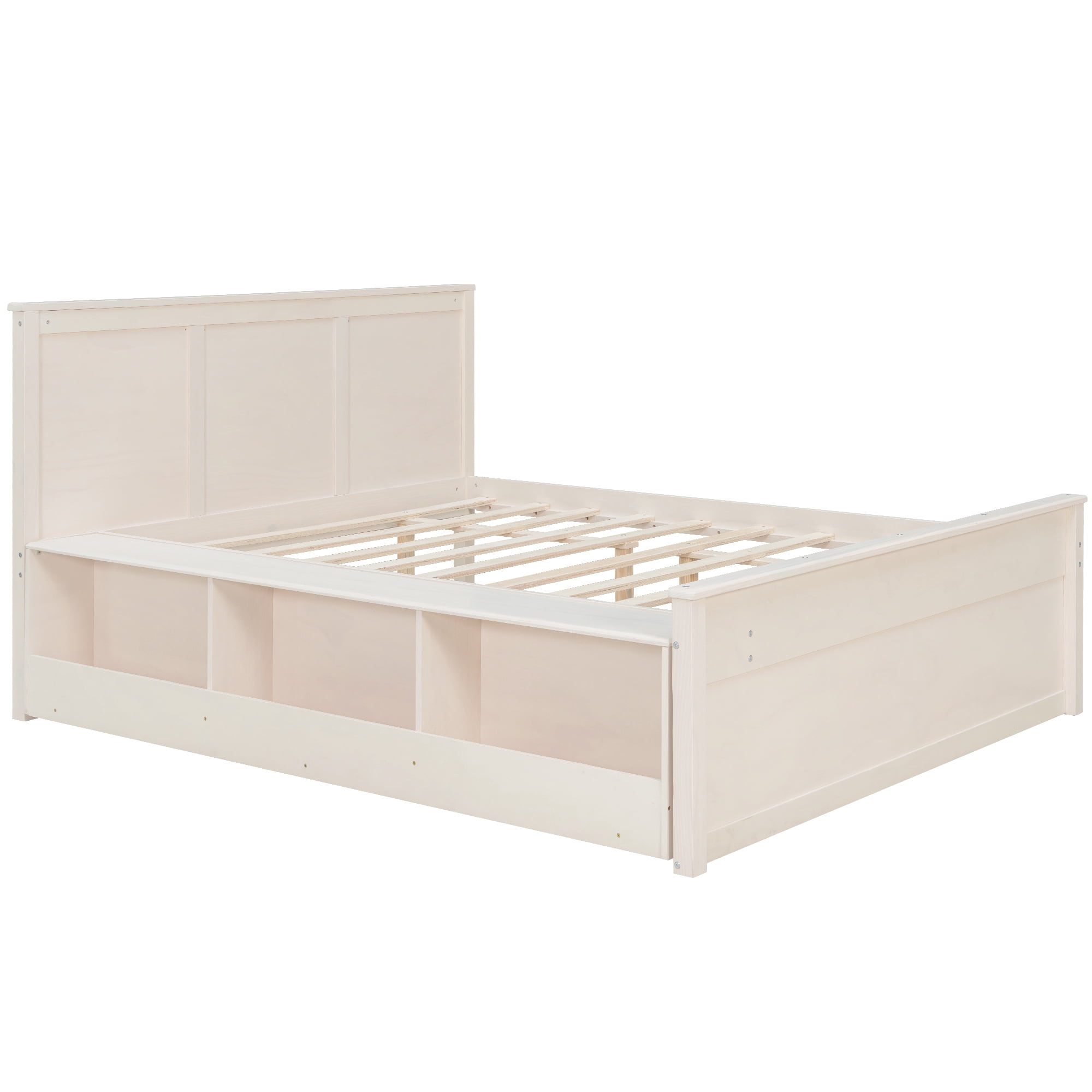 Euroco Wood Full Size Platform Bed with Trundle and Storage Cabinets, Cream White