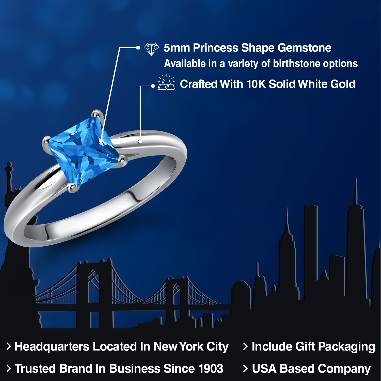 Gem Stone King 10K White Gold Fancy Blue Zirconia Engagement Ring for Women | 0.71 Cttw | Princess 5MM | Gemstone Birthstone | Size 5