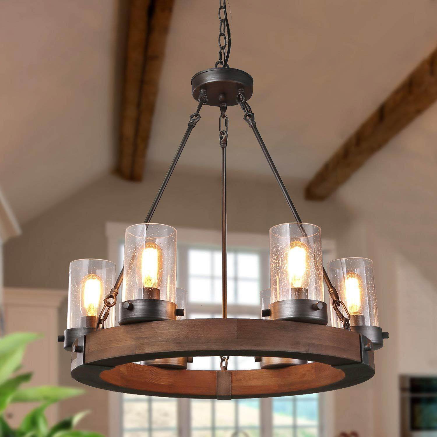 LNC 6-Light Distressed Wood and Gray Wagon Wheel Chandelier with Seeded Glass