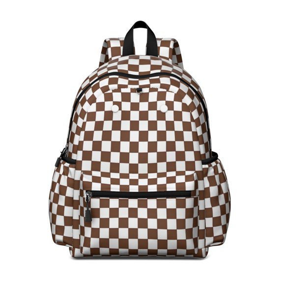 Brown and White Checkered Pattern Backpack for School, Cute School Bag with Adjustable Shoulder Straps and Padded Back, 13.4"x11"x4.7"