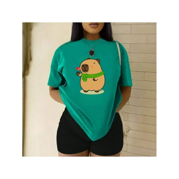 Playera Blusa De Capybara Enviando Un Corazon Ropa Chic Capibara Color Verde Talla Chica Marca Emil SaEs
