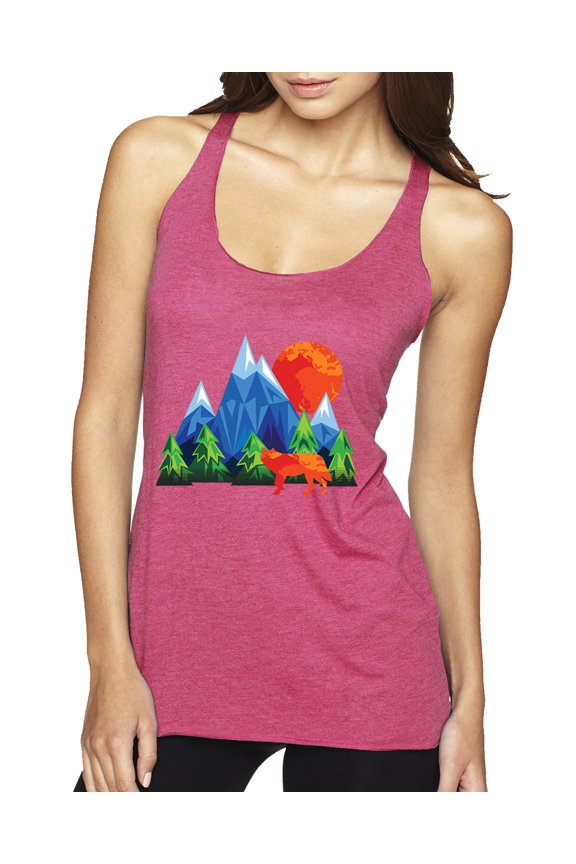 Neon Colorful California Bear Sunset Cali Redwoods | Womens Fashion Premium Tri-Blend Racerback Tank Top, Vintage Pink, Small