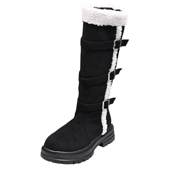 Dasayo Mid-Calf Ladies Boots Winter Black Chunky Round Toe Buckles Furry Boots Shoes Women 36