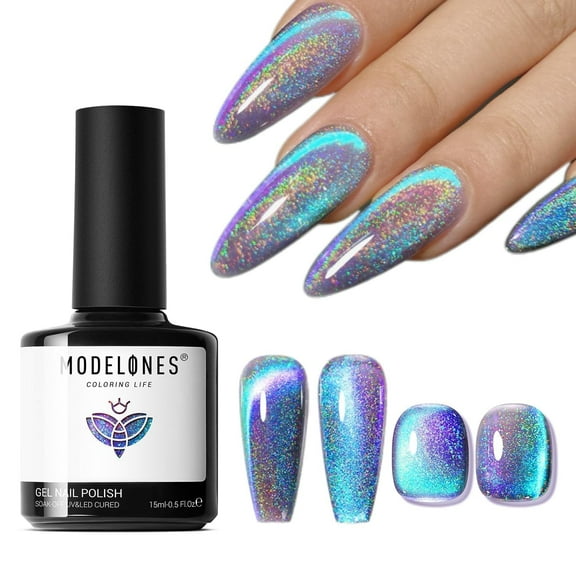 modelones 9D Magnetic Cat Eye Gel Nail Polish, 15 ML Glitter Holographic Glass Rainbow Gel Polish Blue Purple Shimmer Reflective Iridescent Soak Off U V LED Summer Nails for Women Girl