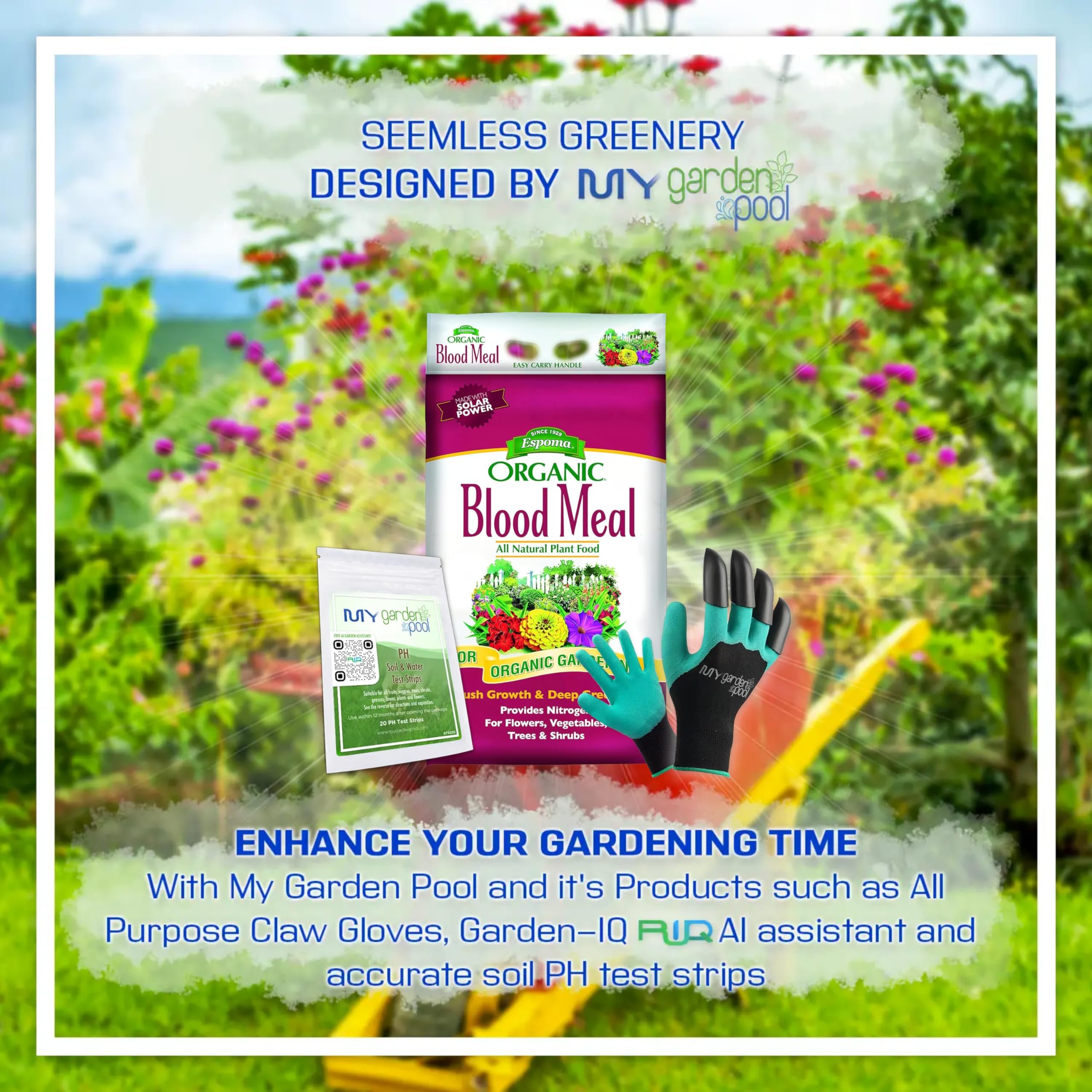 Espoma DB17 Blood Meal 17 lb. Bag with My Garden Pool PH Soil Test Strips 20 ct, and My Garden Pool Superior Gardening Claw Gloves and Garden-IQ, Smart Gardening AI Assistant!