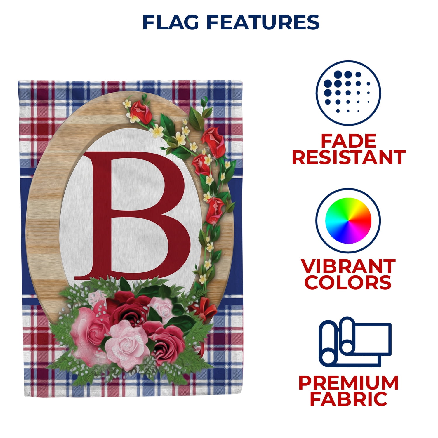 America Forever Monogram B House Flag, 28 x 40 inch Double Sided, Letter B with Roses, Floral Initial Flag, Plaid Background, Personalized Yard Decor