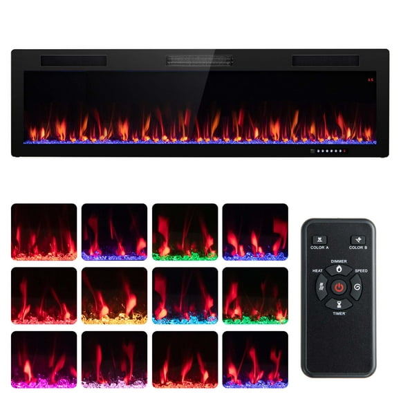 Costway 60" Linear Electric Fireplace 1500W Recessed Wall-Mounted with Multi-Color Flame