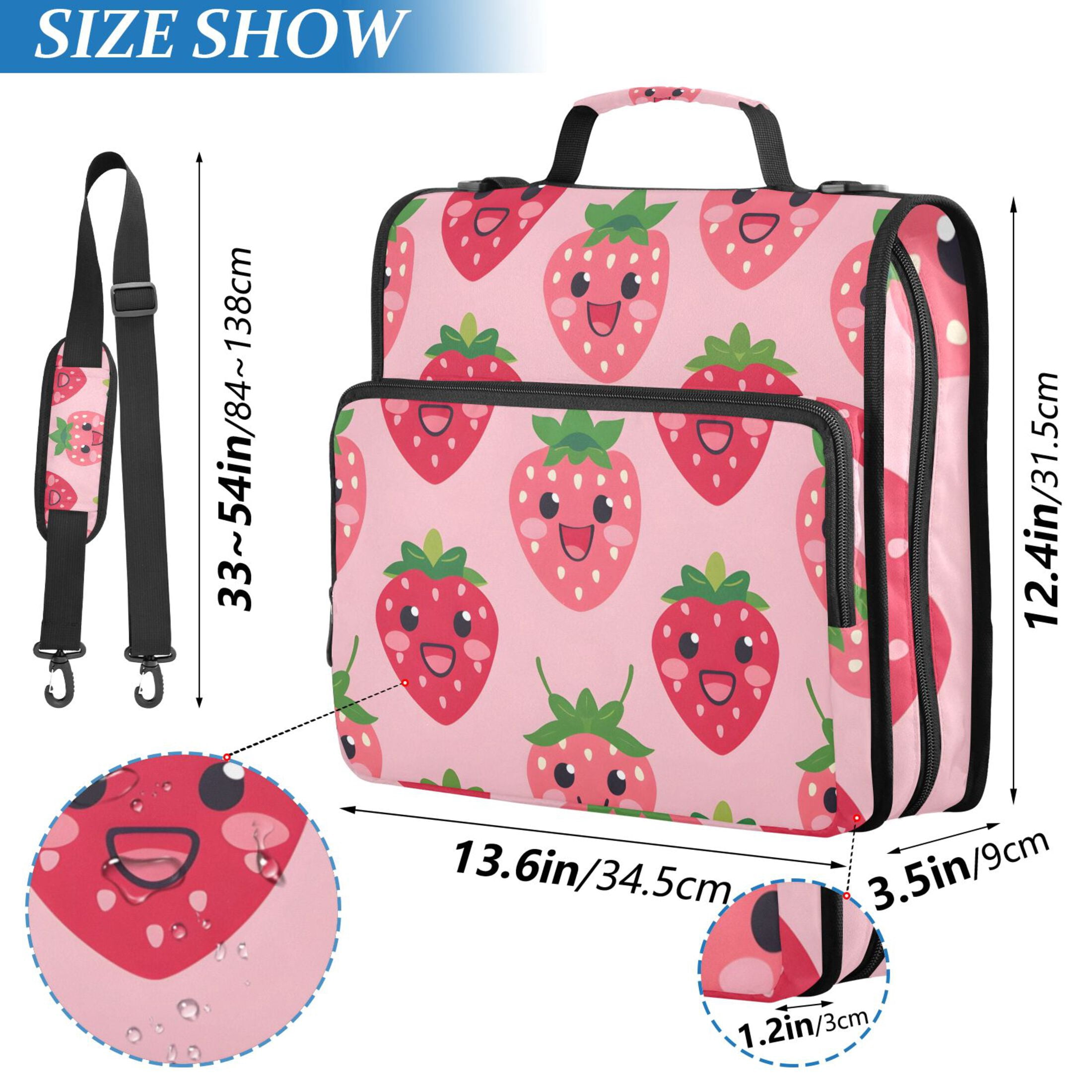 3 Ring Zipper Binder with Shoulder Strap Waterproof Trapper Keeper 2 Inch D-Ring 500 Sheets Capacity Lovely Strawberry