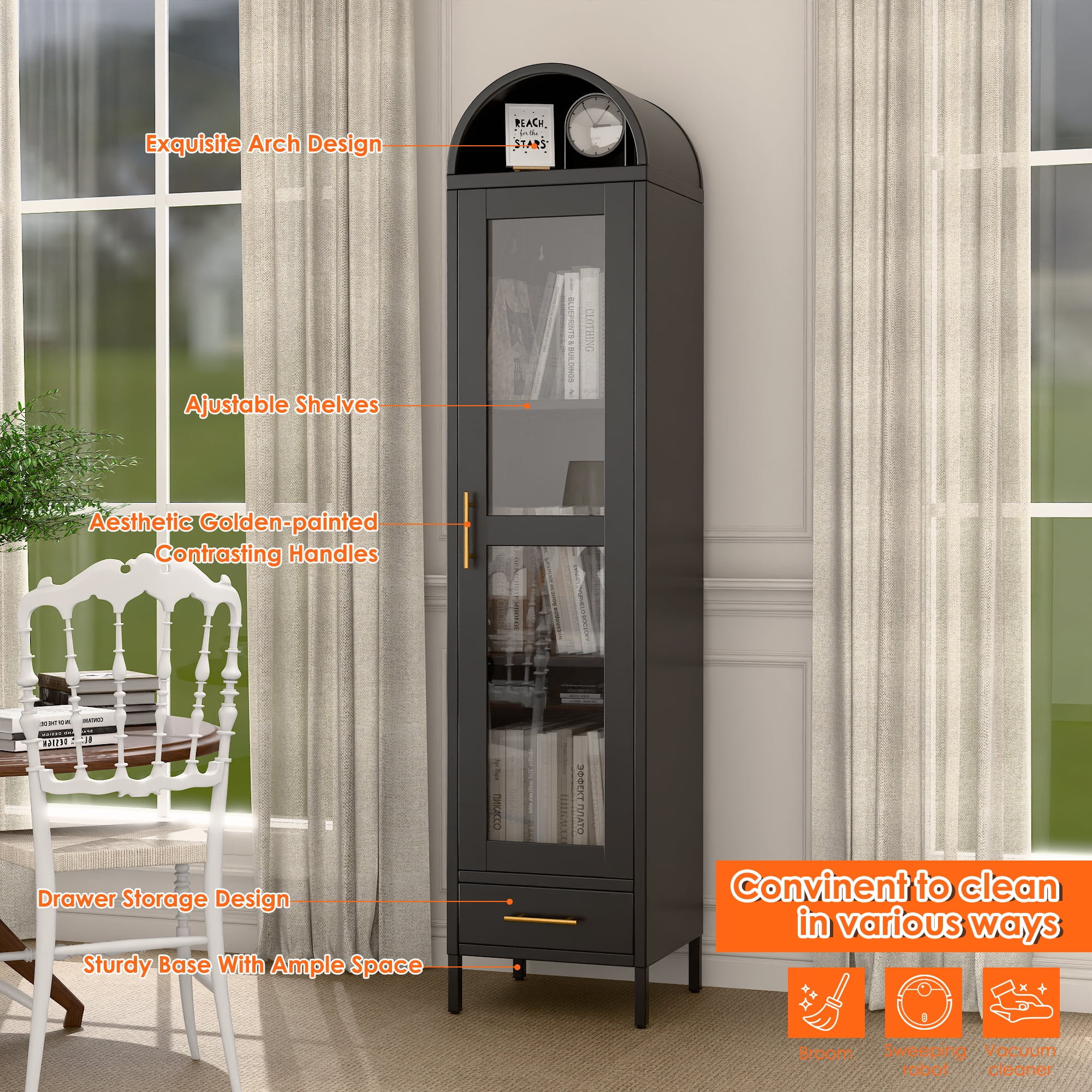 Aobabo Metal Arched Cabinet, Arch Display Bookcase Cabinet with Glass Door and 2 Shelves, Kitchen Pantry Storage Cabinet for Dining Room, Home, Office, Kitchen, Study Room, Assembly Required (Black)