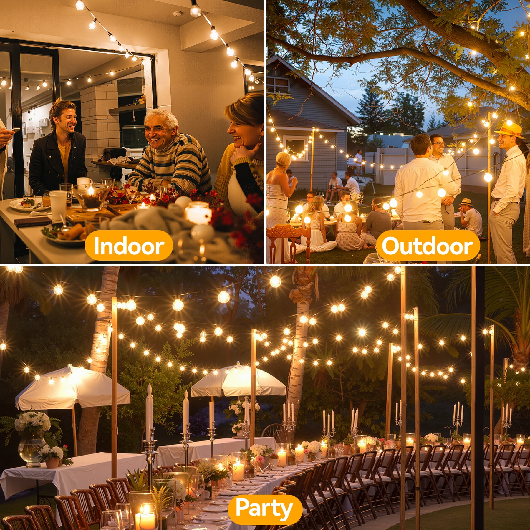 Ollny 50FT LED String Lights Outdoor, Waterproof Patio LED Lights with 27 G40 Edison Bulbs, Warm-white Outside Lights for Garden Bistro Backyard