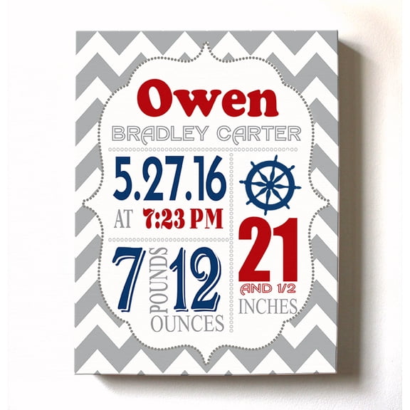 Personalized Canvas Birth Announcement Nursery Decor Gift, Nautical Design, Custom Name, Date, Weight & Length, Unique Boys & Girls Baby Shower Wall Art Presents, Color Gray # 10, Size - 11X14