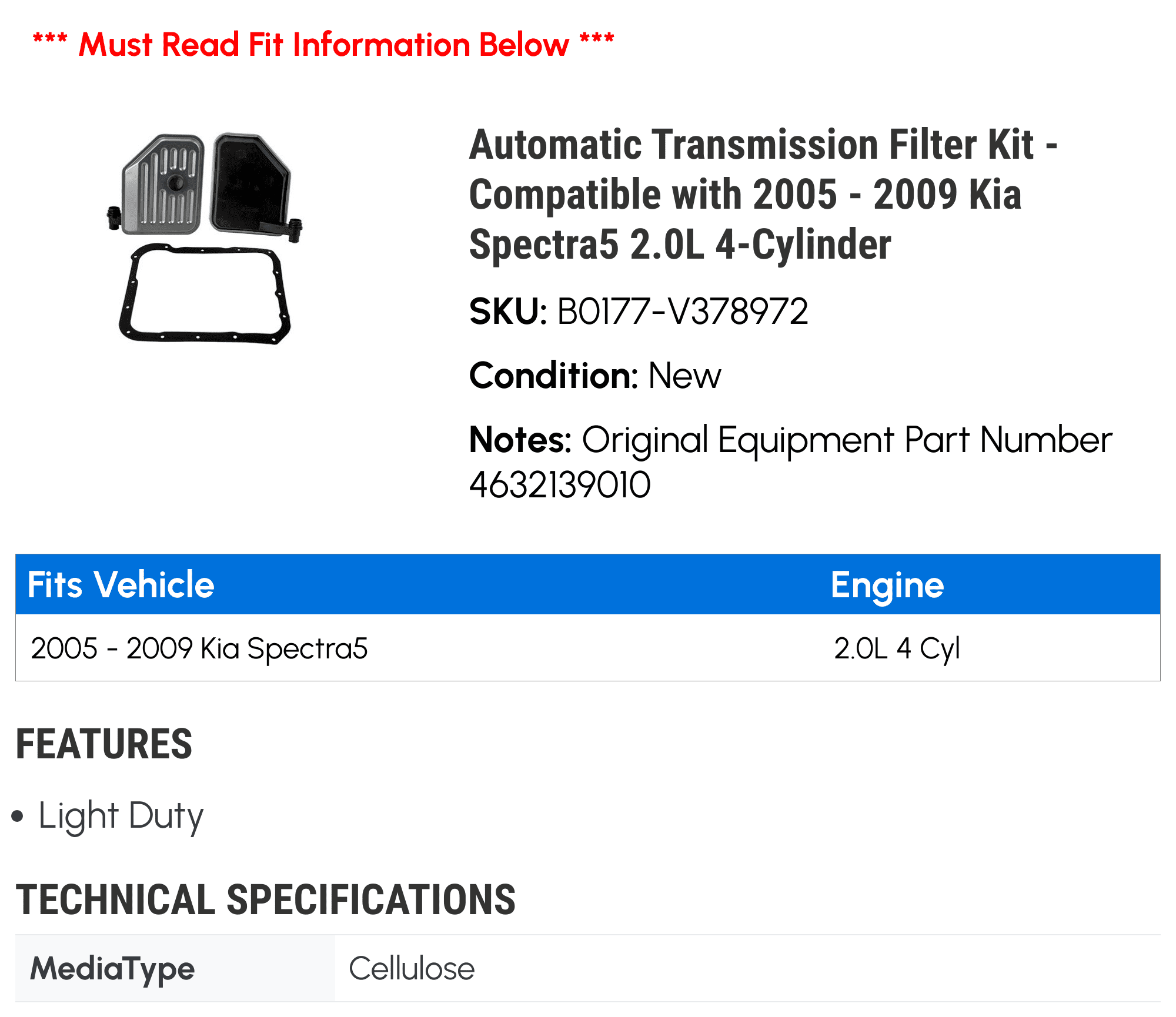 Automatic Transmission Filter Kit - Compatible with 2005 - 2009 Kia Spectra5 2.0L 4-Cylinder 2006 2007 2008