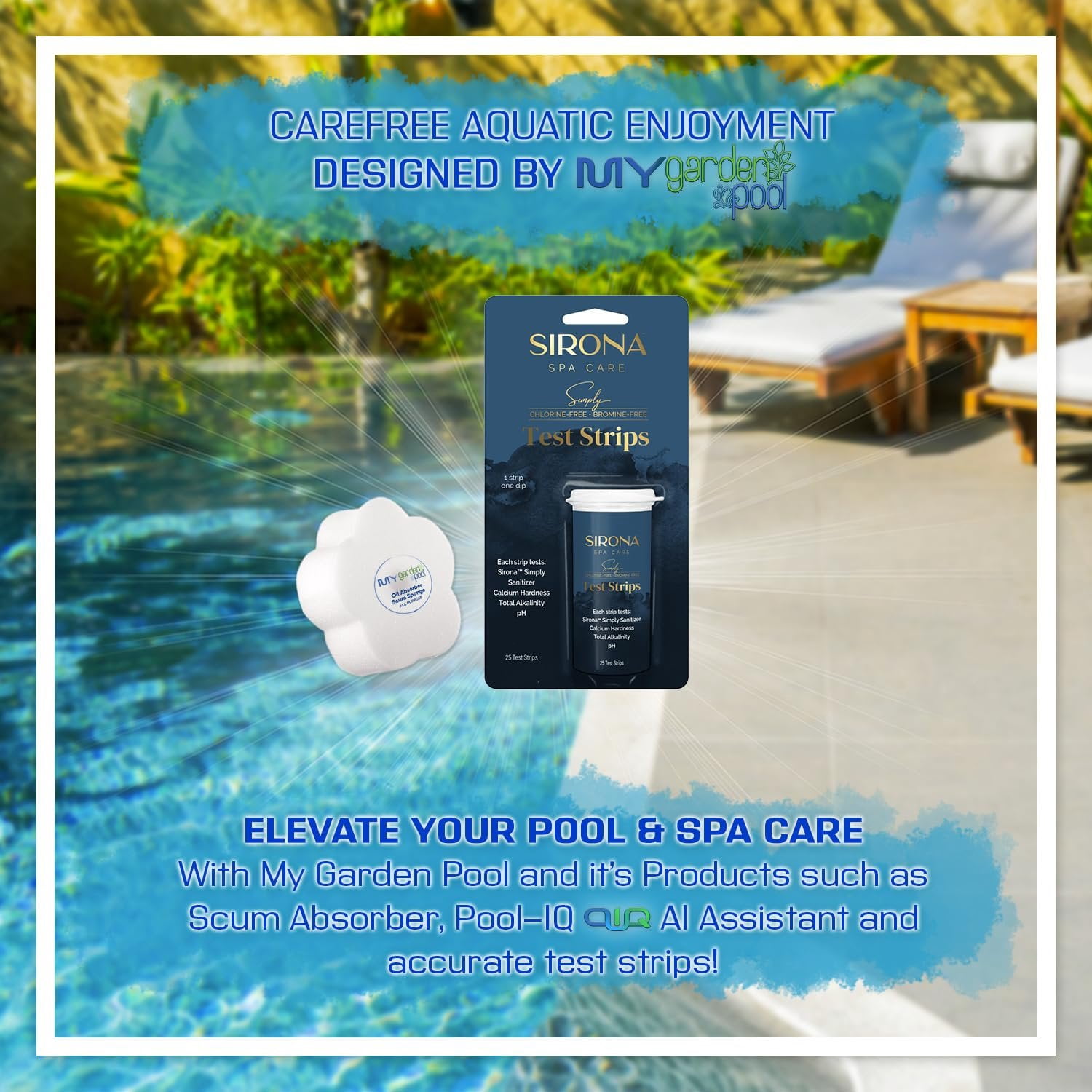 Sirona Spa Care 25 Test Strips with My Garden Pool Spa Sponge  Accurate Spa Water Testing Kit for pH, Alkalinity & Hardness with Bonus Oil-Absorbing Scum Remover