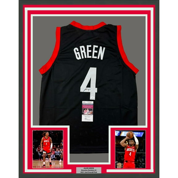 Framed Autographed/Signed Jalen Green 35x39 #4 Houston Black Basketball Jersey JSA COA