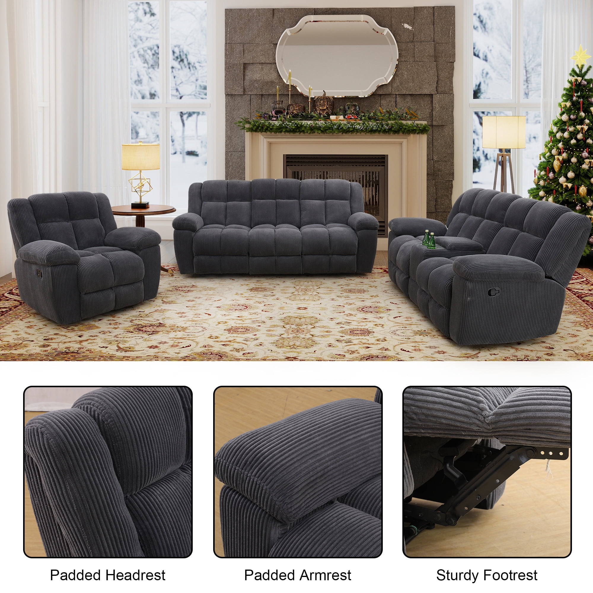 Aukfa 3-Piece Recliner Sofa Set, Oversized Armchair+Loveseat +3 Seat Sofa, 2 Cup Holders&Storage Console, Corduroy, Gray