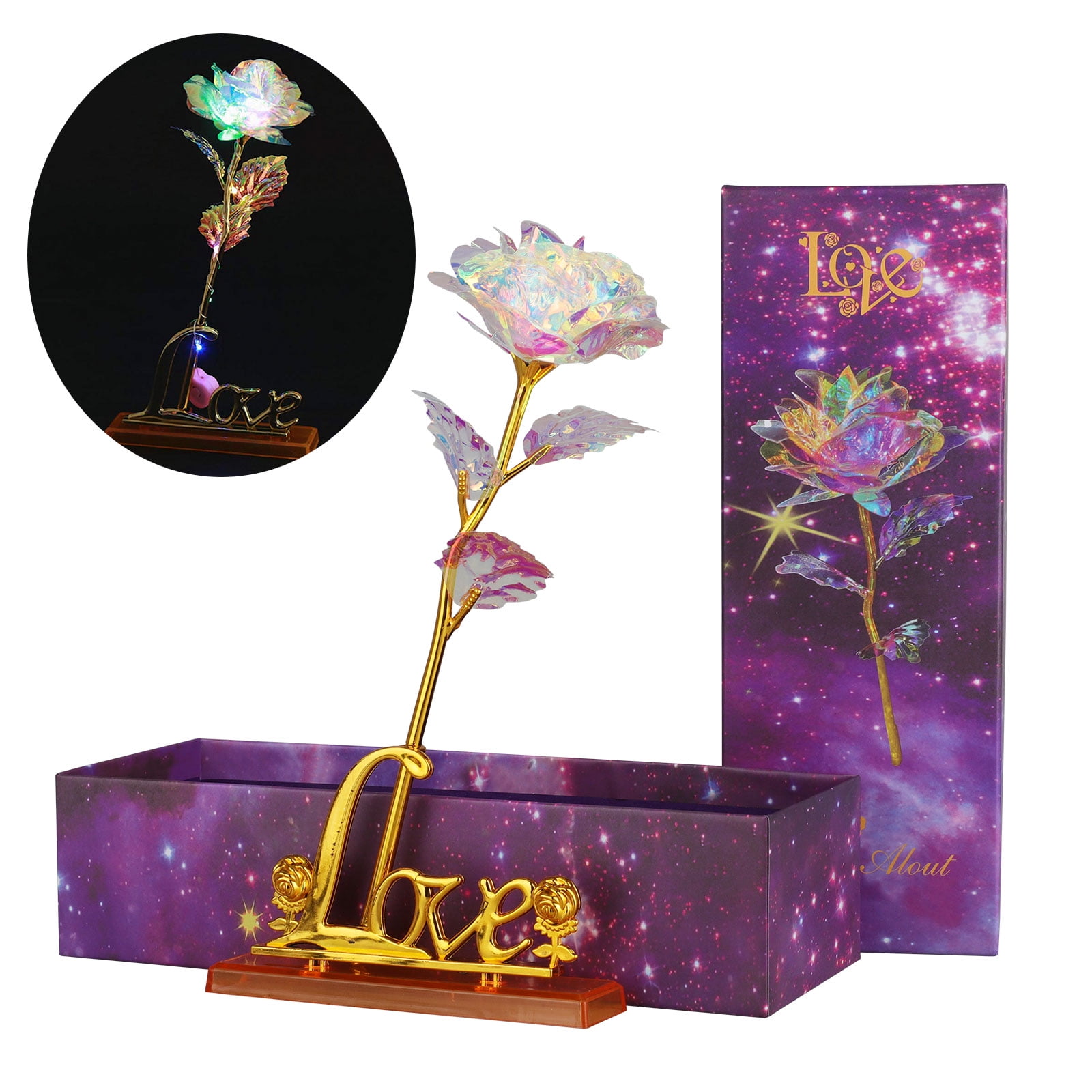 Colorful Galaxy Rose Flower Gift, EEEkit LED Light Artificial Rose Flower  with Love Shaped Base for Valentine's Day, Mother's Day, Thanksgiving, 