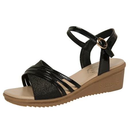 

nsendm Sandals for Women Dressy Heel 3.0 Inch Ladies Fashion Summer Roman Fish Mouth Buckle Women Dress Sandals Black 8