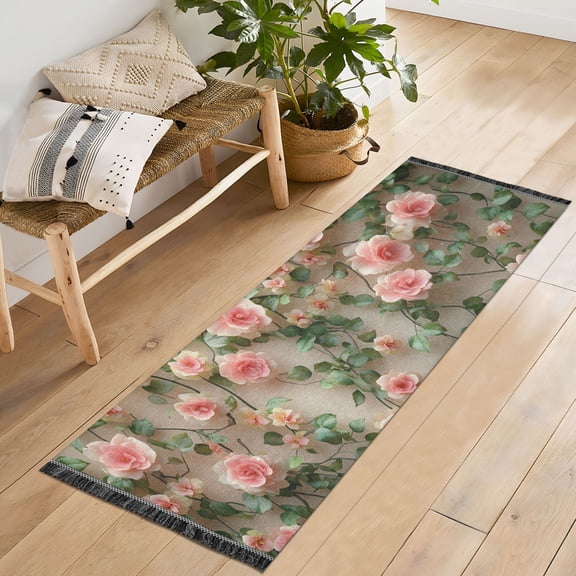 Ryvnso 3d Flower Roses Bedroom Runner Rug 2'x6' Hallway Area Carpet Non Slip Entryway Mat with Tassels