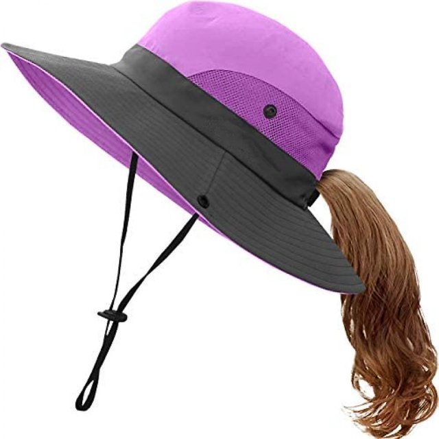 Sombrero de pesca deportivo al aire libre de verano, sombrero para el sol ultravioleta con orificio para cola de caballo, gorra de cubo Upf 50 para niñas, pesca en la playa de verano, morado
