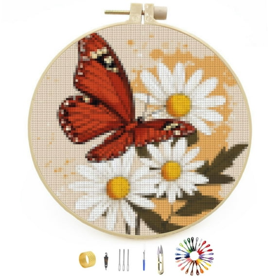 DIY Stamped Cross Stitch Kits Butterfly and White Daisy Easy for Beginners with Hoop 11CT Counted Embroidery Needlepoint Crafts Arts for Handmade Enthusiasts and Home Decor 30x30cm(4)