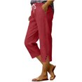 thumbnail image 2 of Ihhxva Women's Linen Pants Elastic Waist Straight Leg 3/4 Length Solid Color with Pockets Button Detail Side Slit Casual Summer Trousers - Red S, 2 of 6