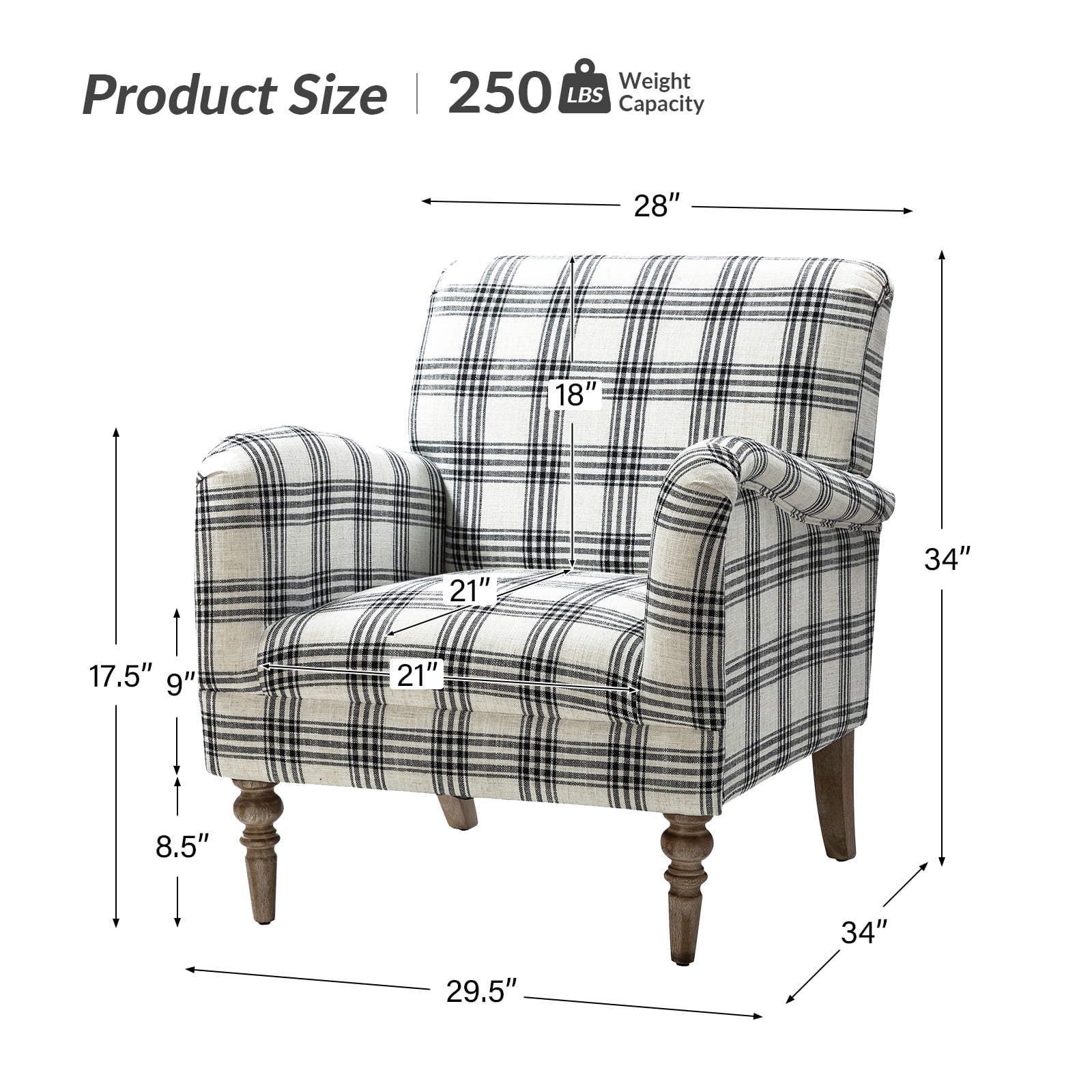 Modern Plaid Accent Chair Upholstered Black Armchair Adult Home Bedroom Living Room